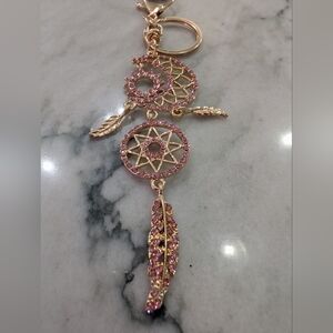 Gold Dreamcatcher Keychain Bag Charm with Pink Rhinestones